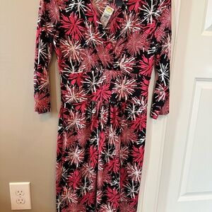 Talbots Petites Pink, Red, White, and Black Midi Dress with V-Neck